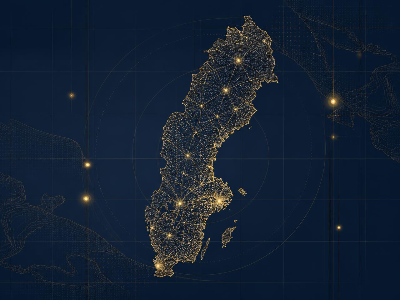 Karta över Sverige uppbyggd av datapunkter som illustrerar adressregister med geografiskt urval